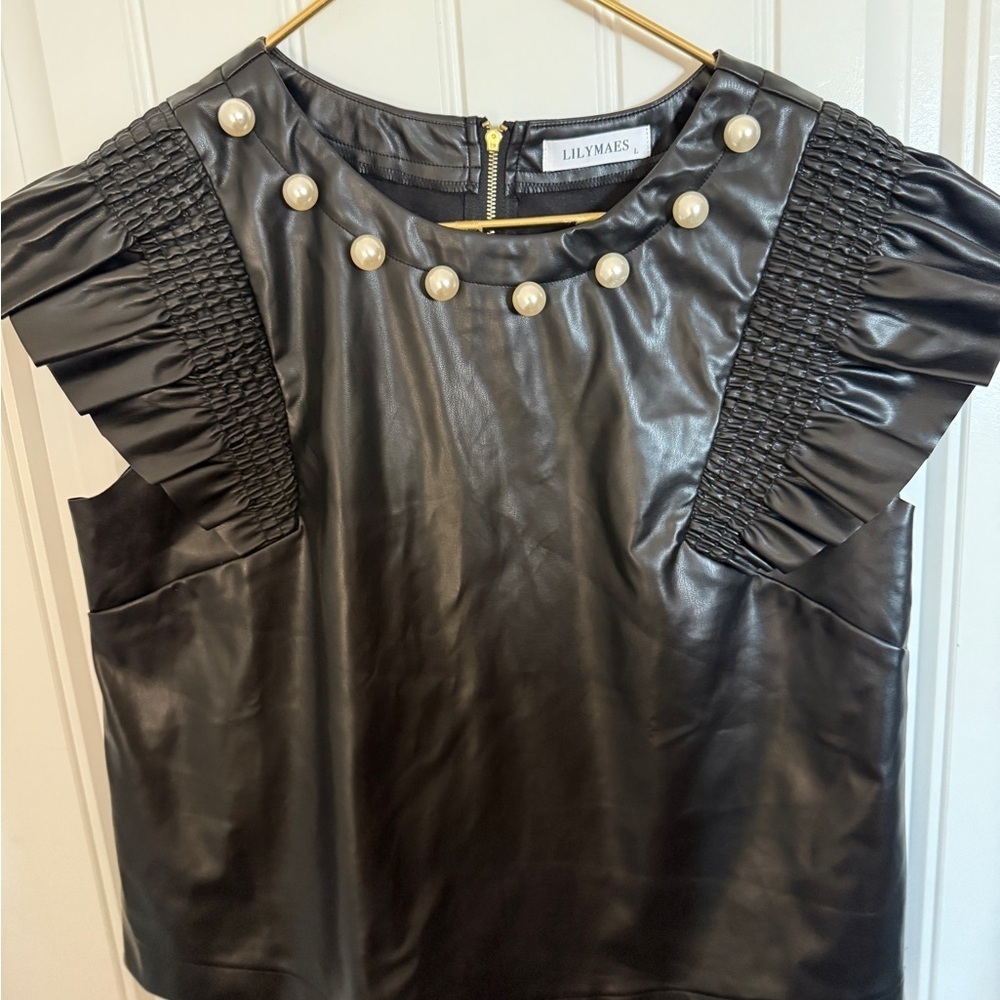 Lilly Mae’s Pearl detail faux leather ruffle sleeve sheath blouse - Picture 7 of 10